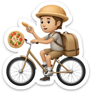 A hobo eating a gyro while riding a bicycle with training wheels and doing a wheele sticker