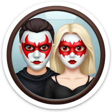 Man killer on mask in mirror behind woman sticker