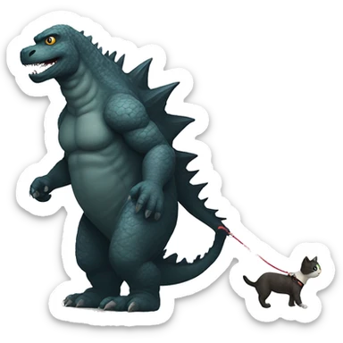 Godzilla walking his pet cat wit a leash sticker