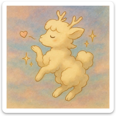Add a soft pastel background behind the whimsical cream yellow Ghibli-style cloud doe blowing a kiss, surrounded by sparkles. sticker
