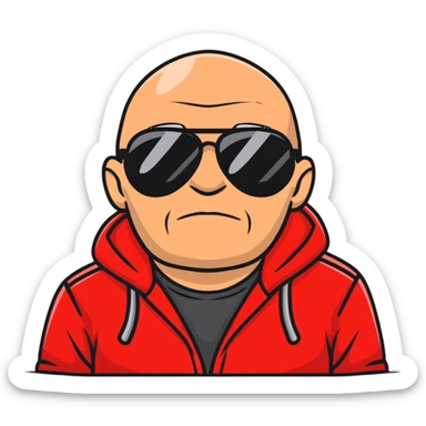middle-aged 50-year-old man with slight wrinkles, aviator sunglasses, wearing a red hoodie sticker