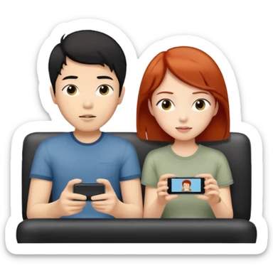 asian black haired boy watches tv with redhead girlfriend sticker