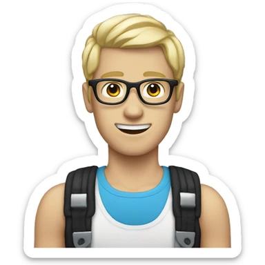 Skinny white boy with blonde hair, blue glasses, and black braces sticker