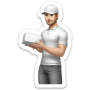 Pale skinned fit Man with dark brown hair in a white cap, gray jeans and gray polo T-shirt keeping a pasted with tape white box into his hands sticker
