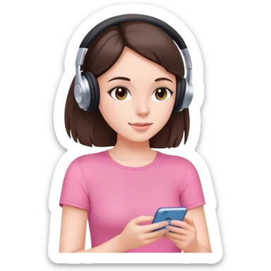 White brunette girl listening to music, with pink top sticker