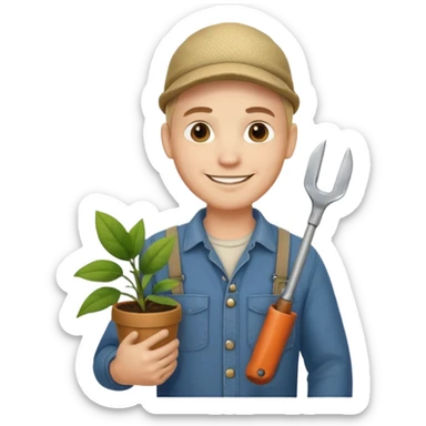 Adult male, light skin, friendly smile, casual farm-style clothes, relaxed posture, holding a plant or small tool, approachable, completely unique from other male roles sticker