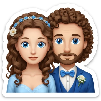 wedding couple, woman has very long and lightly curled brown hair and blue eyes, man has short light brown curly hair and facial hair with blue eyes sticker