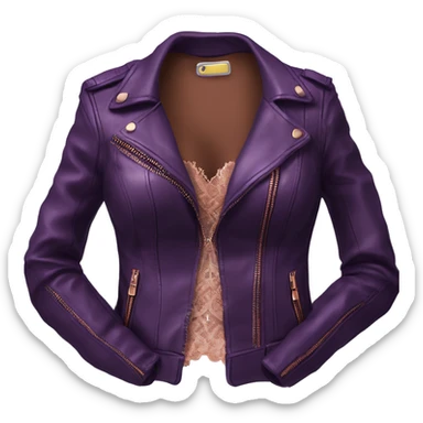 Realistic Isolated dark purple leather jacket open with rose gold lace bustier underneath.  sticker