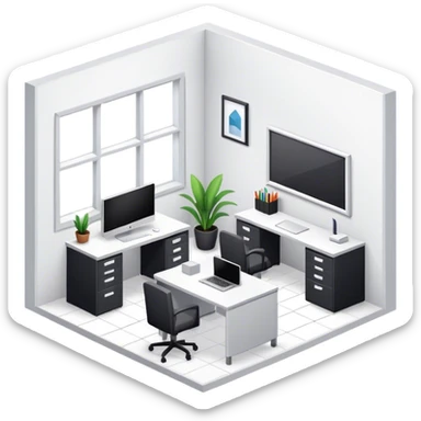 An isometric 3D room with two white walls that meet at the back left and right and a single Window. Black and White Office Room with a single desk sticker