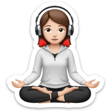 White girl, brown hair meditating with headphones on and black and white clothes sticker