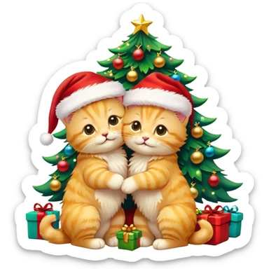 2 cute hugging happy fluffy golden kittens with Santa hats by a colorful multicolored brightly lit up Christmas tree sticker