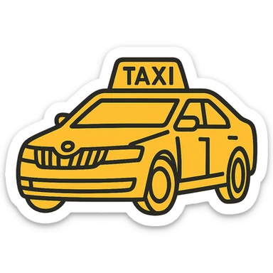 Change the taxi car to a vibrant and clear yellow color while keeping the visible 'TAXI' sign on top. Preserve the current lineal color icon style with black outlines. sticker