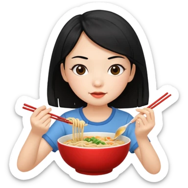 girl with black hair in short sleeves eating noodles with a spoon and chopsticks sticker