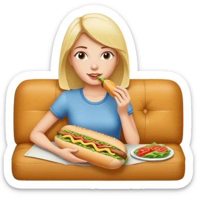 A woman on couch eating a sub and coloring  sticker