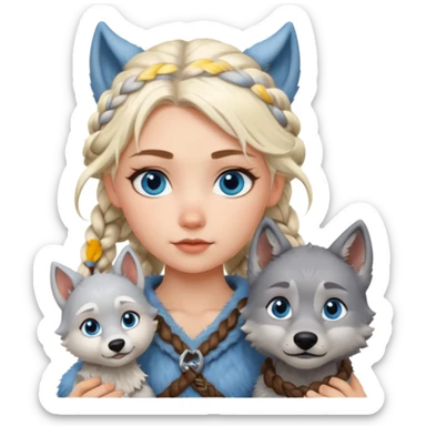 Viking platinum blonde girl with braid and blue eyes. Wolf pet sticker