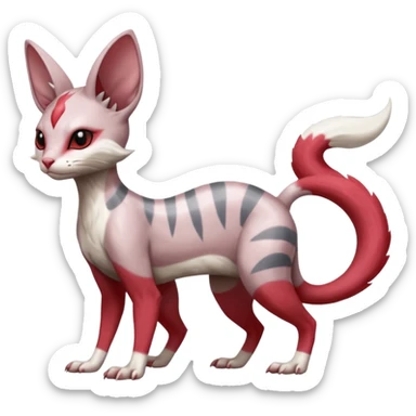 Minccino-Lykoi-Emolga-Sphynx-Zangoose-fusion-hybrid-animal-Fakémon-creature, full body, thin long sleek scaly tail, intricate markings sticker