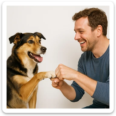 a realistic dog and a person fist bumping, joyful, white background sticker