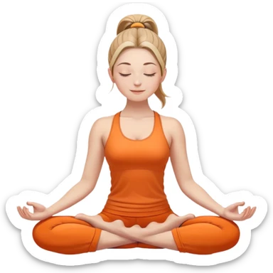 white woman with ponytail hairstyle in lotus position meditation yoga pose, closed eyes with a gentle smile, wearing orange yoga outfit sticker