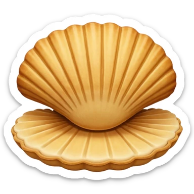 A madeleine pastry. Scalloped seashell shape with ONLY four to five vertical lines going in the same direction. Light golden brown. Scalloped edge. Cookie. Flat. Long. Oval shape. Lets scallops. sticker