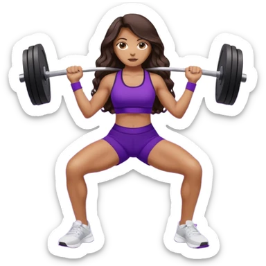 mujer de tez trigueña, con cabello castaño oscuro ondulado no muy marcado, con el cabello hasta las nalgas super largo estilizado, con ropa deportiva morada/lila, tenis blancos deportivos y levantando una pesa sticker