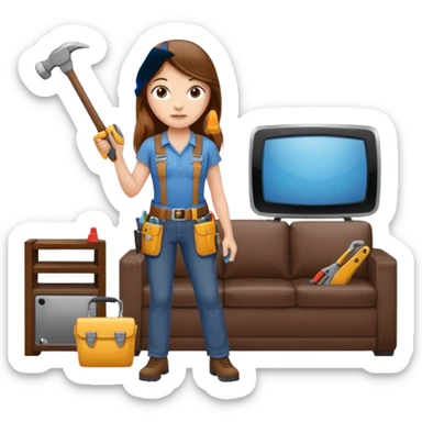 beautiful girl with long brown hair constructing new lounge room area with tv and couch sticker