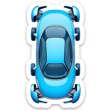 Top-down view of futuristic retro hover car with angular design and glowing blue wheels, flat vector style, minimal color palette with blue highlights sticker