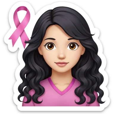Beautiful girl with long wavy black hair, brown eyes, light skin, slight smile, and pink ribbon in hair sticker