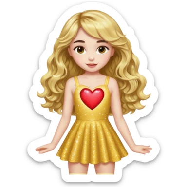 sabrina carpenter in yellow sparkly mini dress with a heart  and wavy long hair with wavy bangs sticker