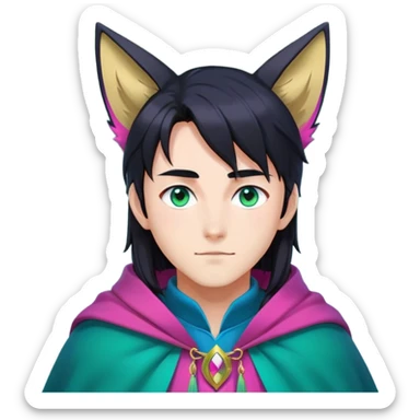 anime man with long-straight-dark-black hair, long black fox ears with pink Scapha, colorful-gradient-brown-turquoise eyes, gold earring, dark-blue-sweater, green cape,  sticker