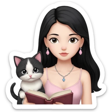Menina branca ,cabelos cor preta longos, olhos cor preta puxados para cima. Cílios longos, lábios grossos ,nariz pequeno ,vestido rosa claro de alça. Colar e brinco delicado. Lendo um livro com gatinho preto e branco. sticker