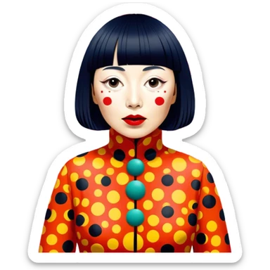 Yayoi Kusama – Cinematic Realistic Portrait of Yayoi Kusama, depicted as an avant-garde artist with an eccentric, captivating expression surrounded by her iconic polka dot patterns, rendered with vivid textures and imaginative lighting that evokes her unique, surreal creative world. sticker