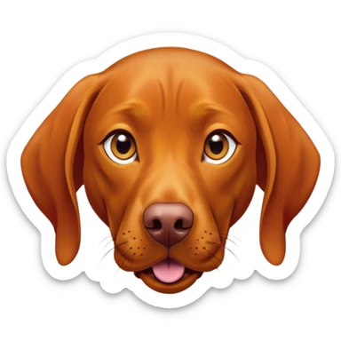 Cinematic Comical Vizsla Portrait Emoji, Head tilted dramatically with an exaggeratedly amused expression, featuring a striking rust and gold Fur with bold accents, wide, expressive amber eyes filled with playful disbelief, Simplified yet hilariously expressive features, highly detailed, glowing with a slightly sassy glow, high shine, dramatic yet playful, stylized with an air of cheeky mischief, bright and endearing, soft glowing outline, capturing the essence of a spirited and over-the-top companion, so meme-worthy it feels like it could side-eye its way into internet fame instantly! sticker