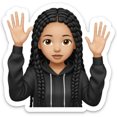 African American girl light skin complextion long black box braids  wearing plain black hoodie with hands raised sticker