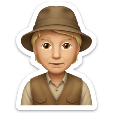 create an emoji of a man with wrinkles. he has an adventurer look, with short blonde hair, brown eyes, slightly tanned skin, natural lips. he wears a brown vest with a fisher hat sticker