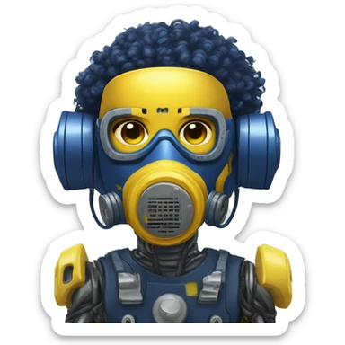 Dark Blue curly hair cyborg head with yellow respirator mask and circuitry sticker