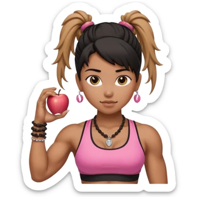 Caramel skinned toned female with a black messy ponytail for hair. Her eyes are a coffee color brown and almond shaped. She’s wearing a pink sports bra and showing off her big muscular toned biceps. She’s not holding anything in her hands but she wears a rosary necklace and an Apple Watch. sticker