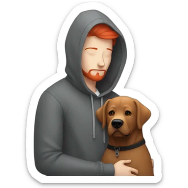 a slender man wearing grey hoodie with a red beard hug a black Labrador sticker