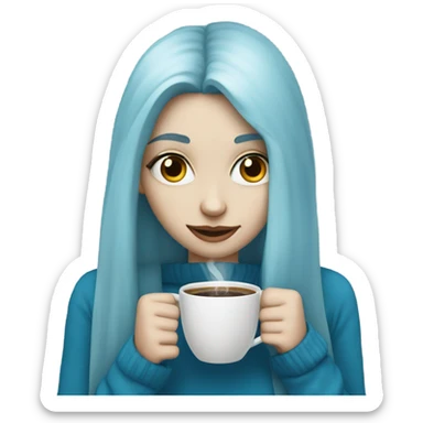 white skin girl with blue long hair drinking coffee sticker