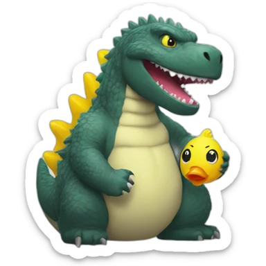 Godzilla playing with a rubber duck sticker