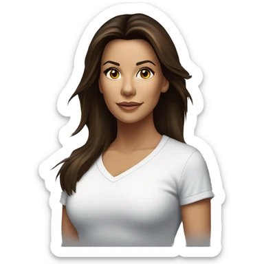 3/4 face, contrasted, shadow, light, Eva Longoria expression, standing from a distance, thin nose, brunette woman, hazel eyes, long eyelashes, dark shoulder shaded hair, white t-shirt, jeans, white sneakers sticker