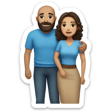 Comforting hug from brunette Puerto Rican with dark brown eyes wearing a cute blue top to short, bald man with brown eyes and a beard wearing a sweater sticker