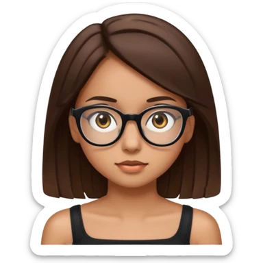 Imagine a girl with slightly light brown skin with big brown eyes and glasses. She has straight brown hair and is wearing a black tube top sticker