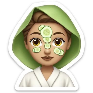 White girl with Brown hair and blue eyes wears a Green colored skincare clay textured mask and puts on cucumbers around her eyes while She relaxes in her white Robe sticker