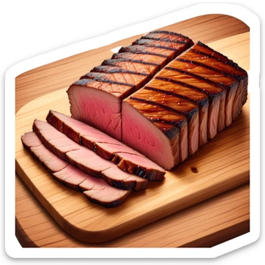 Cinematic smoked brisket, deep mahogany crust, perfectly sliced to reveal juicy marbled meat, warm smoky aroma, served on a wooden board, rich and flavorful, ultra-detailed and appetizing. sticker