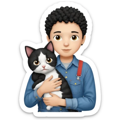 Apple emoji of a 13 year old boy with short black curly hair and dark brown eyes of light skin with denim shirt and overalls hugging a black and white cat sticker