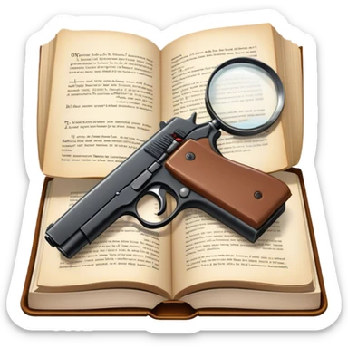 Icon for Action & Crime Reading: an open book with action-packed scenes on the pages, including detectives, chase scenes, and suspenseful moments. Add a gun, handcuffs, and a magnifying glass, while keeping the book as the main focus. Transparent background. sticker