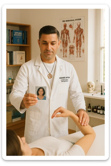 a middle-aged man, dressed in casual professional attire, is in a bright, organized therapy studio. Durante una visita di kinesiologia, il testimone tiene con una mano la foto di una persona lontana (il “testimone”) tiene la foto in mano, mentre con l’altra mano esegue un test muscolare su un cliente presente. Sullo sfondo si vedono libri di kinesiologia, poster anatomici e strumenti tipici della disciplina. L’atmosfera è concentrata e serena, con luce naturale che entra dalla finestra, sottolineando l’aspetto alternativo e umano della pratica. sticker