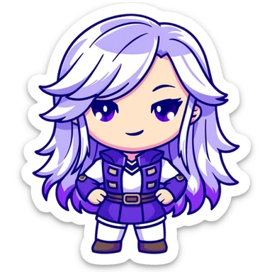 Chibi Sable Ward from Dead by Daylight with long white hair with purple streaks and fully purple eyes, detailed and expressive, cute exaggerated style with large expressive eyes and clear emotion sticker