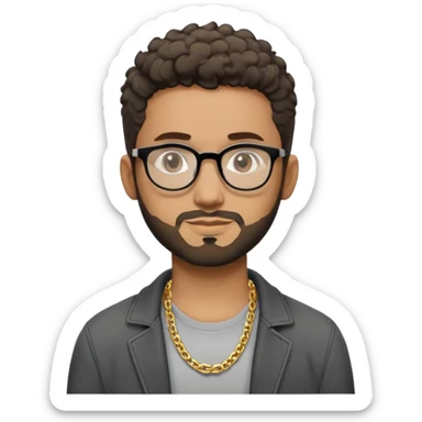 Hombre latino piel marron claro, cara estirada ovalada, gafas redondas oscuras, barba corta, pelo muy corto fade a los lados medio risado. Sonrisa leve, expresión tranquila. Camiseta gris, jacket negro abierto, collar G dorado sticker