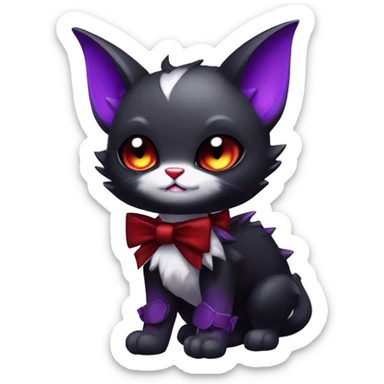 Cute-Evil-Vampiric-Batty-Cat-Black-Purple-Red-White-Contrast-Colors-Fantasy-Fur-Sona-Chibi-Shiny-Fakémon-Hybrid with horns and big fangs neck bow tie leg spats full body sticker